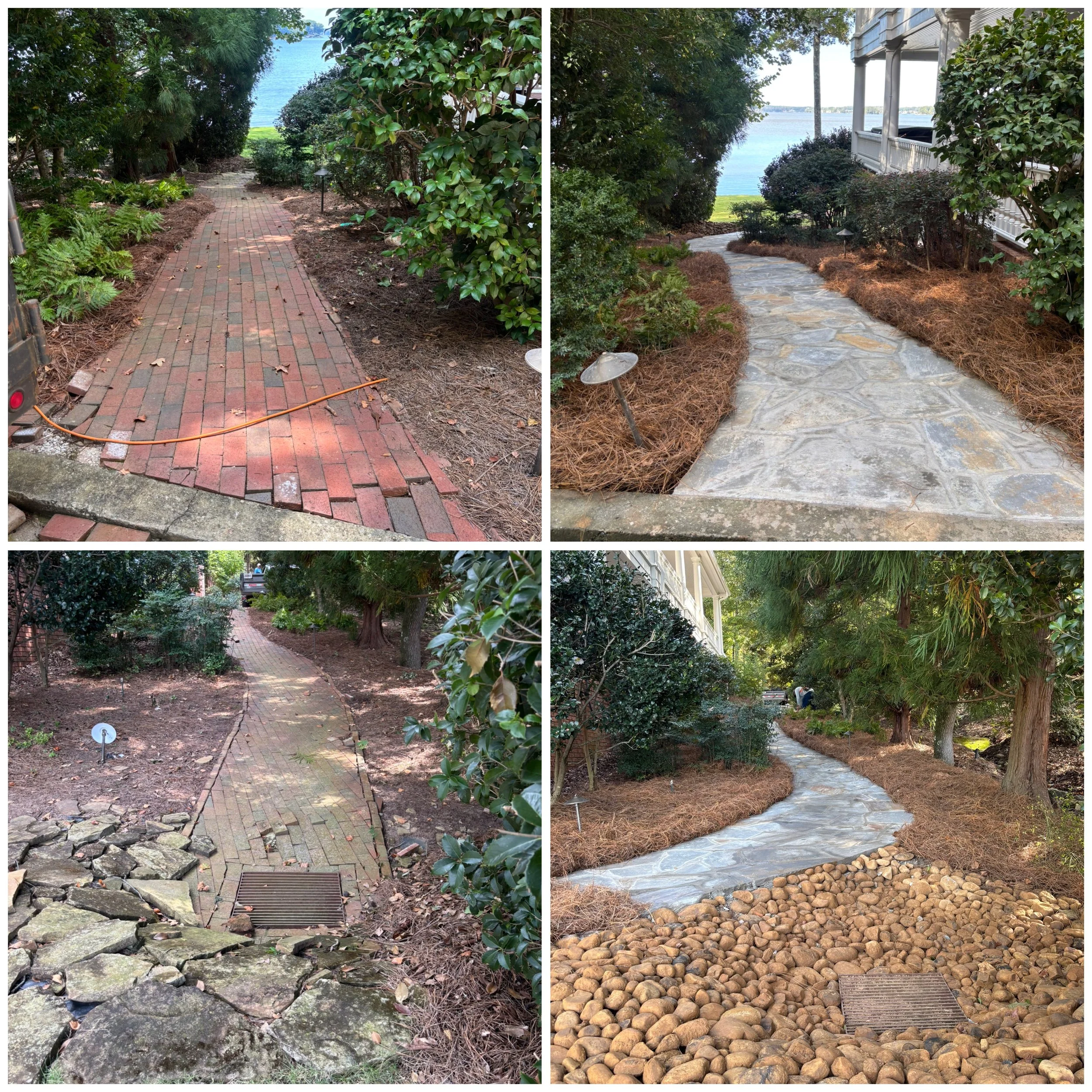 Sequence of four images showing different garden pathways, each with a unique design and surrounding landscape.
