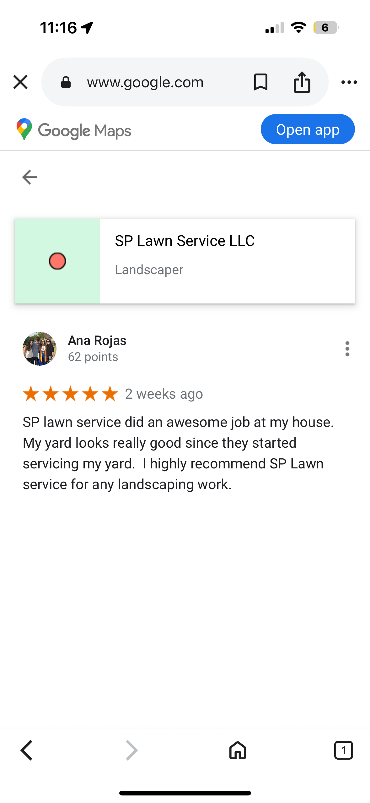 Google Maps review of SP Lawn Service LLC with a five-star rating and positive feedback about their landscaping work at a house.