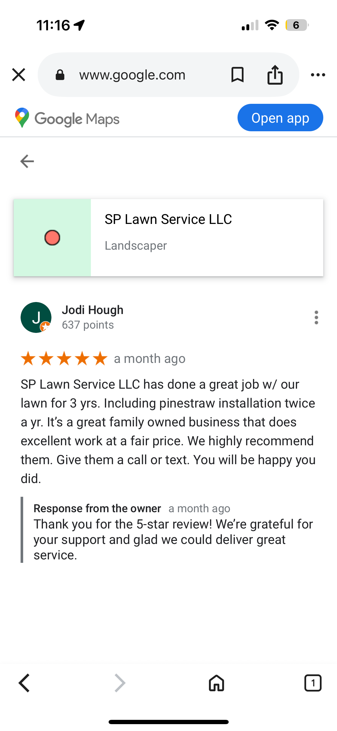 Screenshot of a Google Maps review page for SP Lawn Service LLC, a landscaping company. The review includes a five-star rating from Jodi Hough and a positive comment about their services, including pine straw installation, and a response from the business owner thanking for the five-star review.