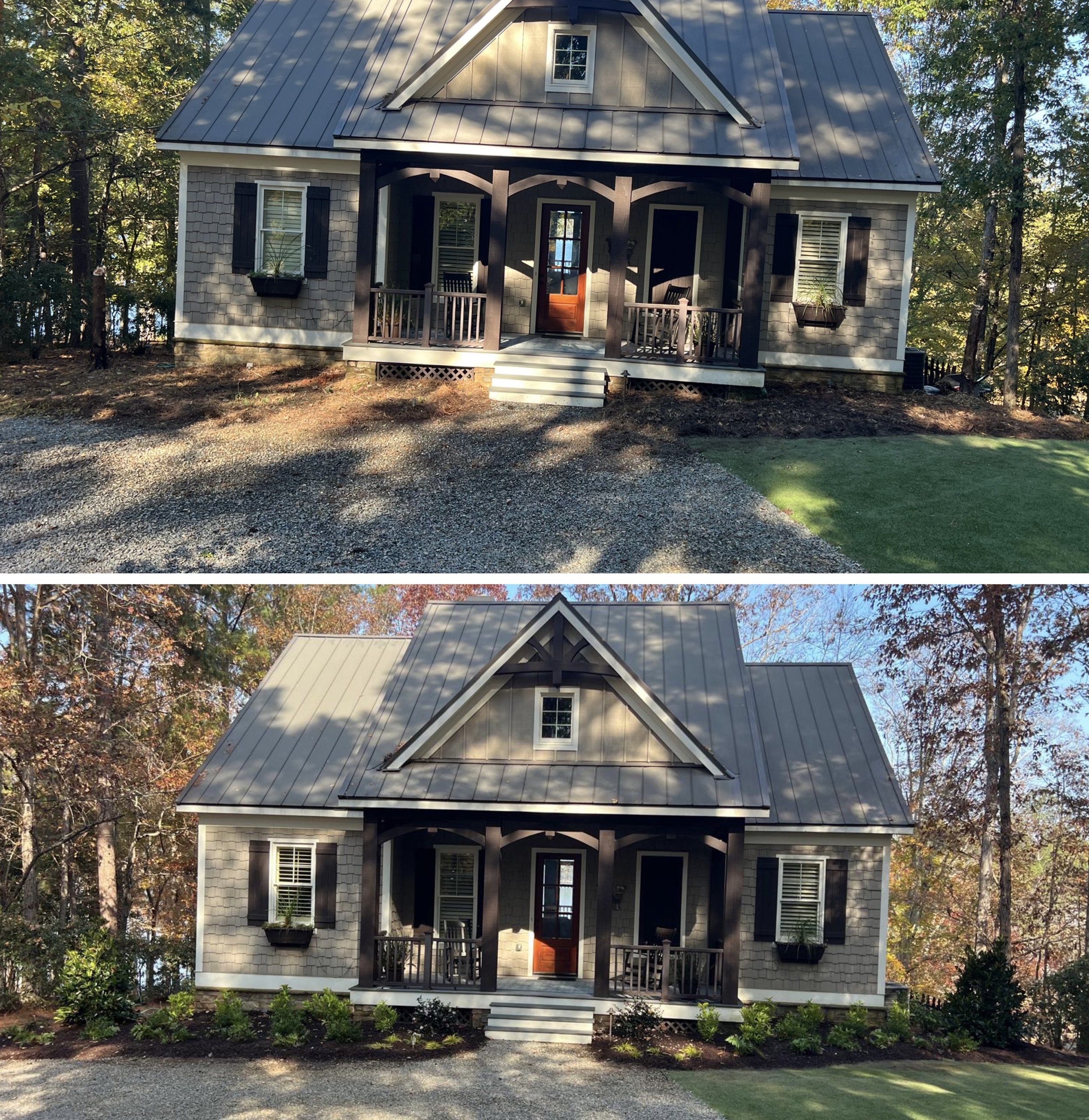Before and after comparison of a house exterior with new landscaping, showing the house's front view with a porch, windows with shutters, and a grassy area.