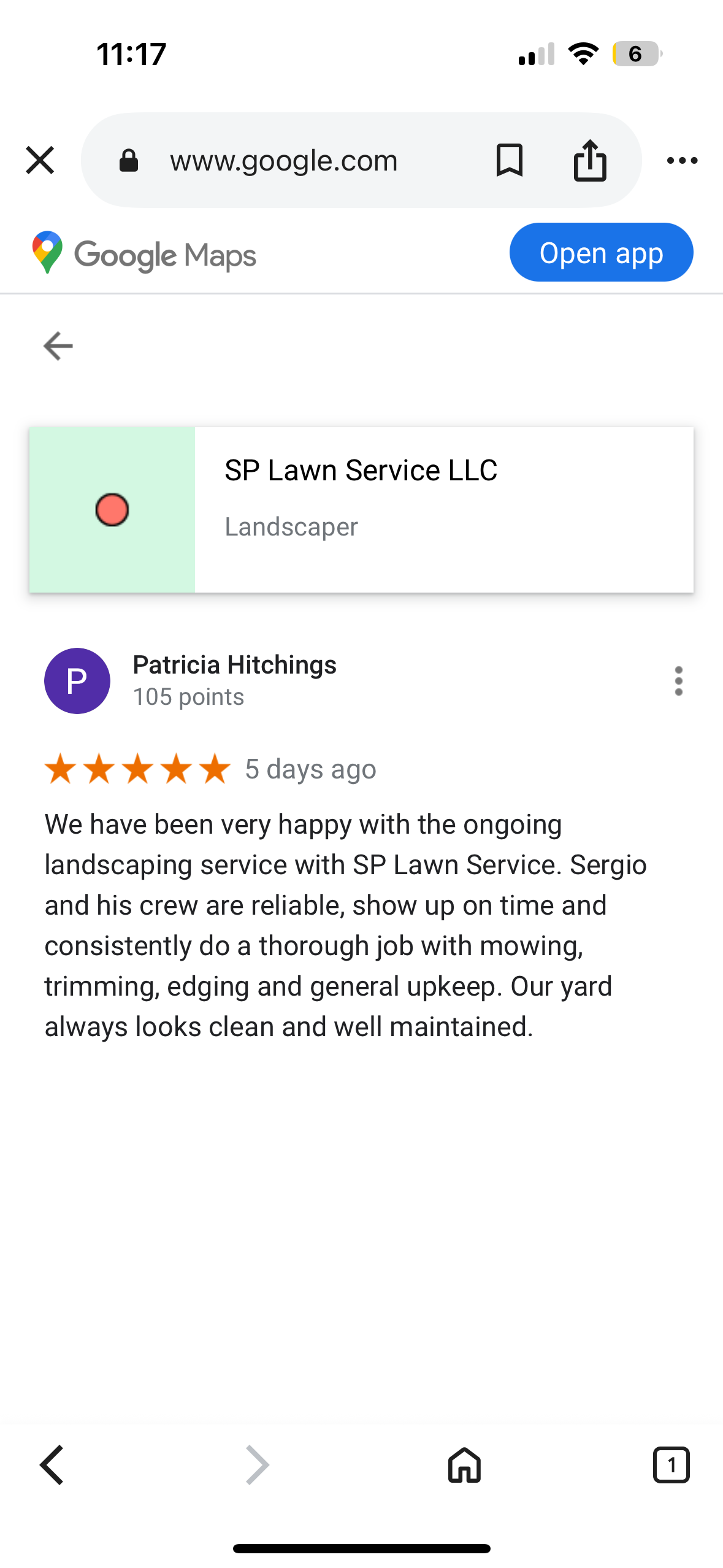 Screenshot of Google Maps showing a landscaping business, SP Lawn Service LLC, with a customer review from Patricia Hitchings praising their reliable lawn care work.