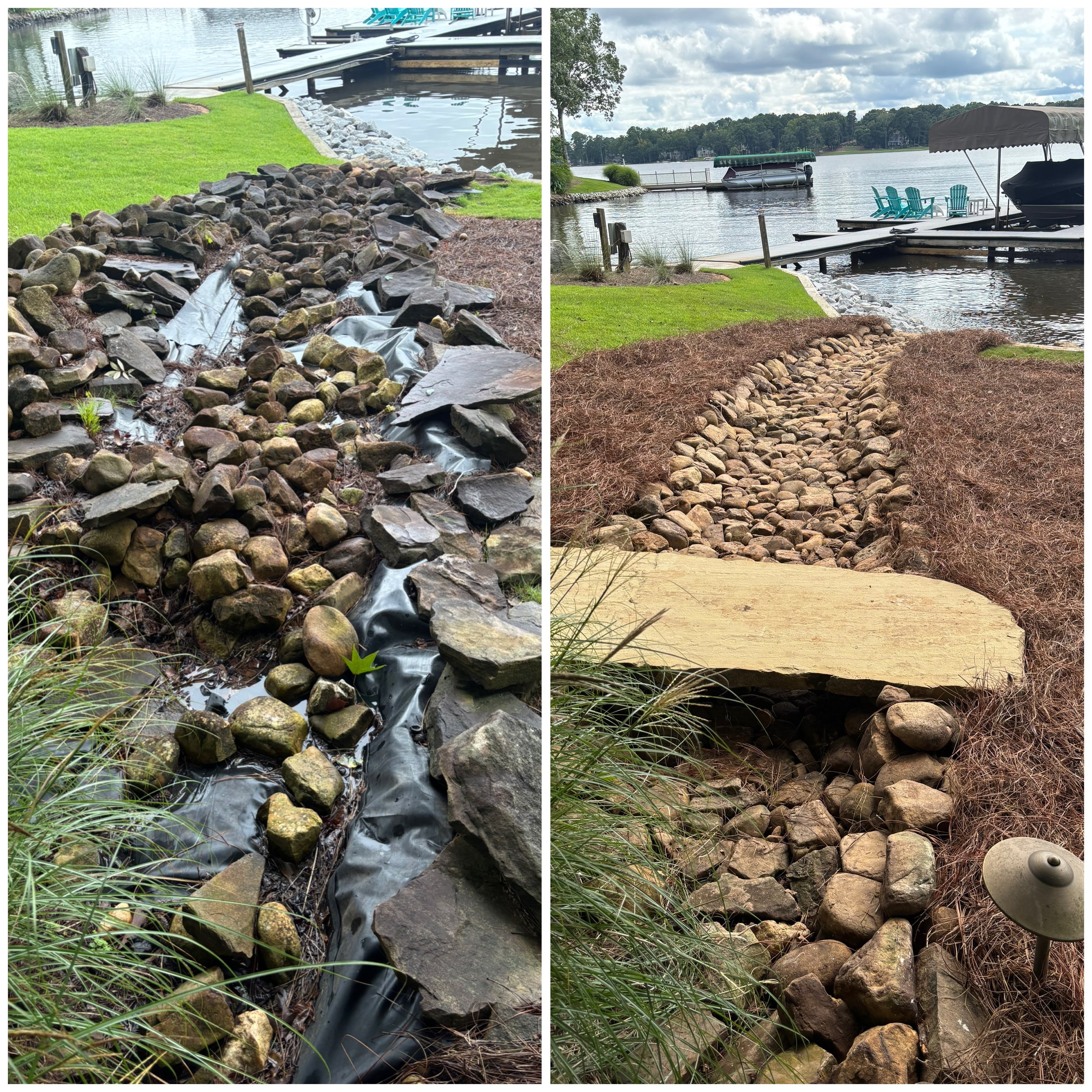 Side-by-side comparison of two landscaping projects by a lakeside. The left image shows a rocky stream bed with larger stones and black landscaping fabric underneath near a grassy area and water. The right image depicts a dry stream bed with smaller rocks, a large flat stone crossing, and ornamental grasses, leading towards the lake with docks and boats in the background.