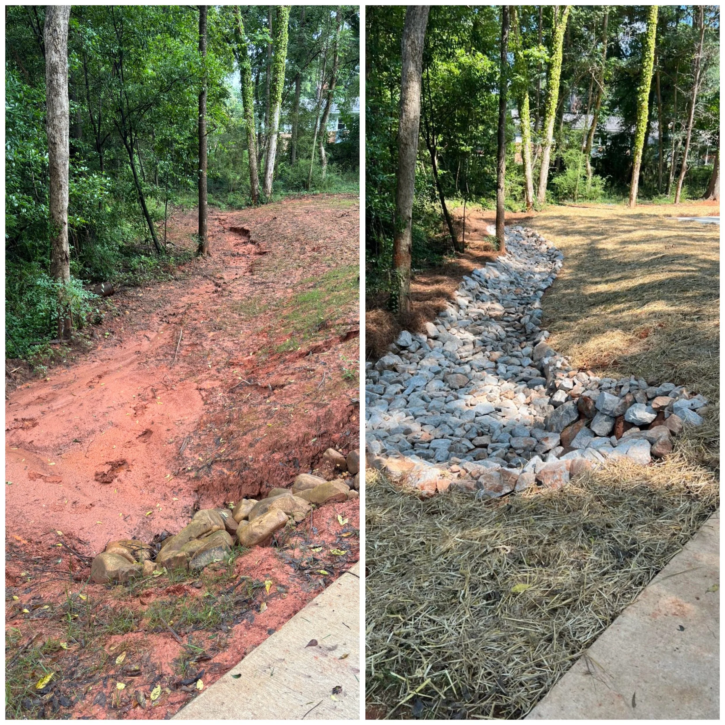 Comparison of two side-by-side photos showing a natural ground pathway in a wooded area. The left image depicts a dirt path with some rocks at the edge, while the right image depicts a rocky pathway bordered by trees and grass, with gravel laid along the side.