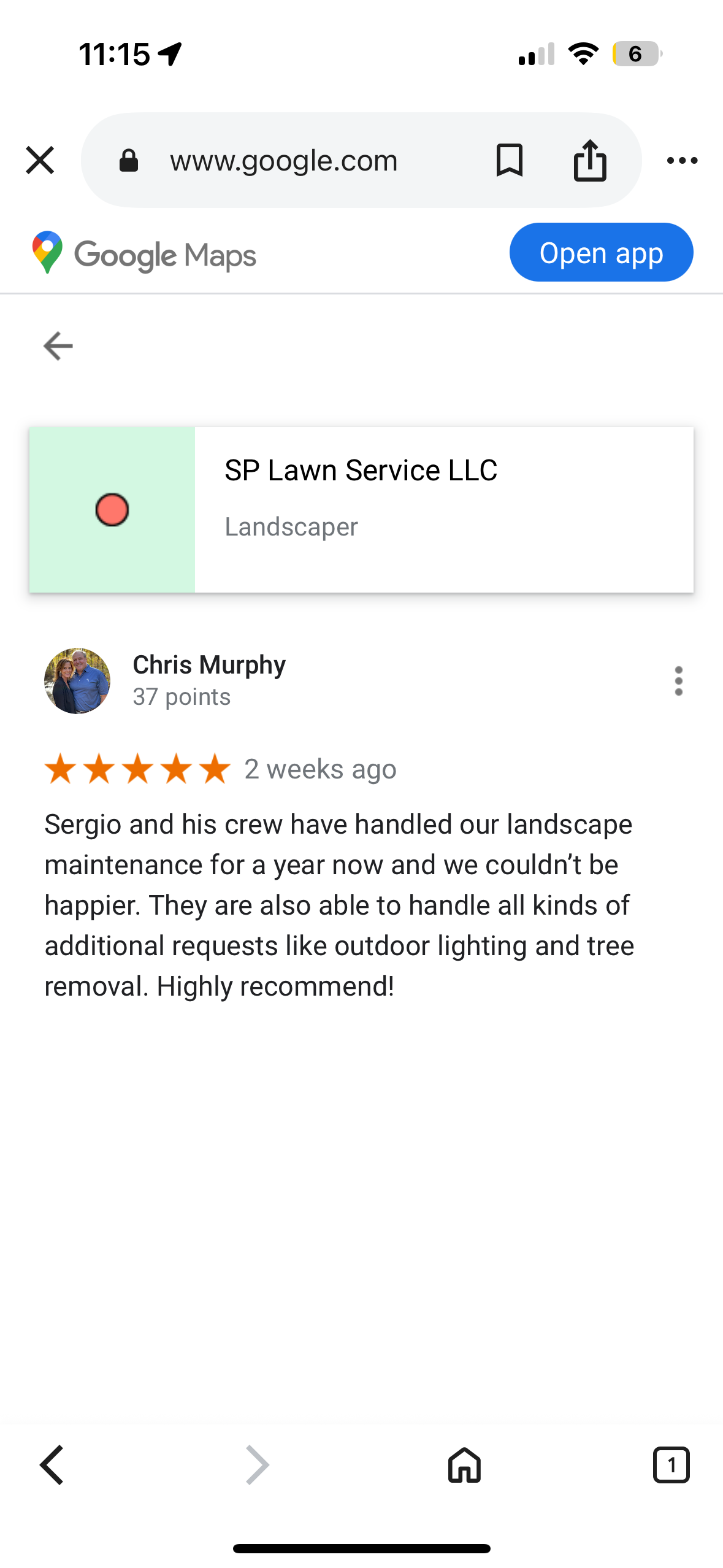Google Maps review for SP Lawn Service LLC with a five-star rating from Chris Murphy, praising Sergio and his team for handling landscape maintenance and additional requests like outdoor lighting and tree removal.