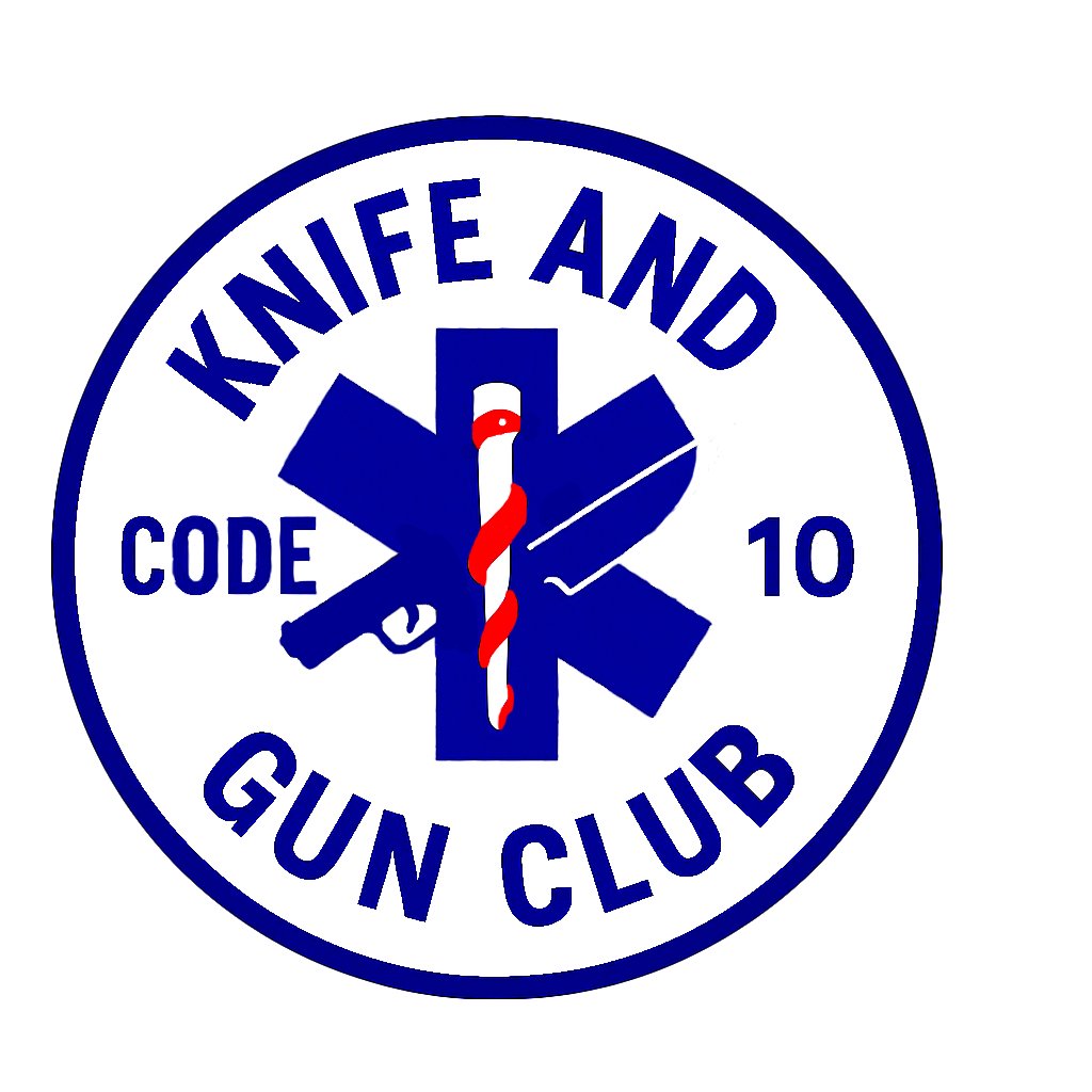 A circular emblem for the Knife and Gun Club, featuring a blue star of life symbol, a red and white barber pole, a knife, and a gun, with the text 'Knife and Gun Club' and 'Code 10' in blue.