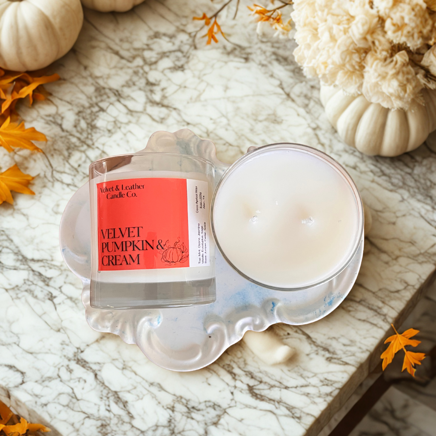 Fall and Autumn pumpkin candle with warm spice fragrance in minimalist design