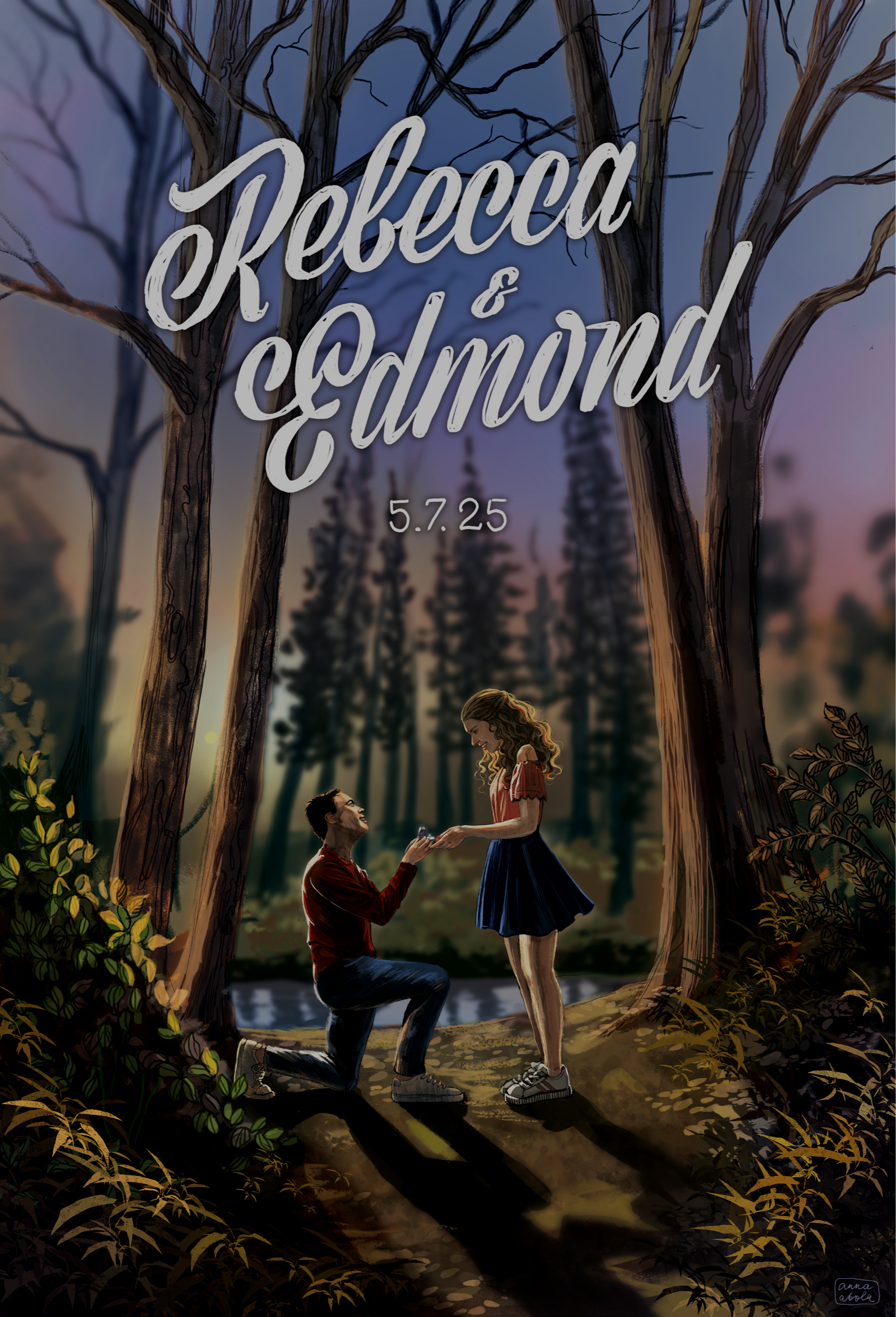 An illustration of a proposal. A man with dark hair is kneeling and holds a ring box in his hands. A blonde woman is smiling and looking at him. They are in the middle of a sunlit forest and there is a gentle river running behind them.