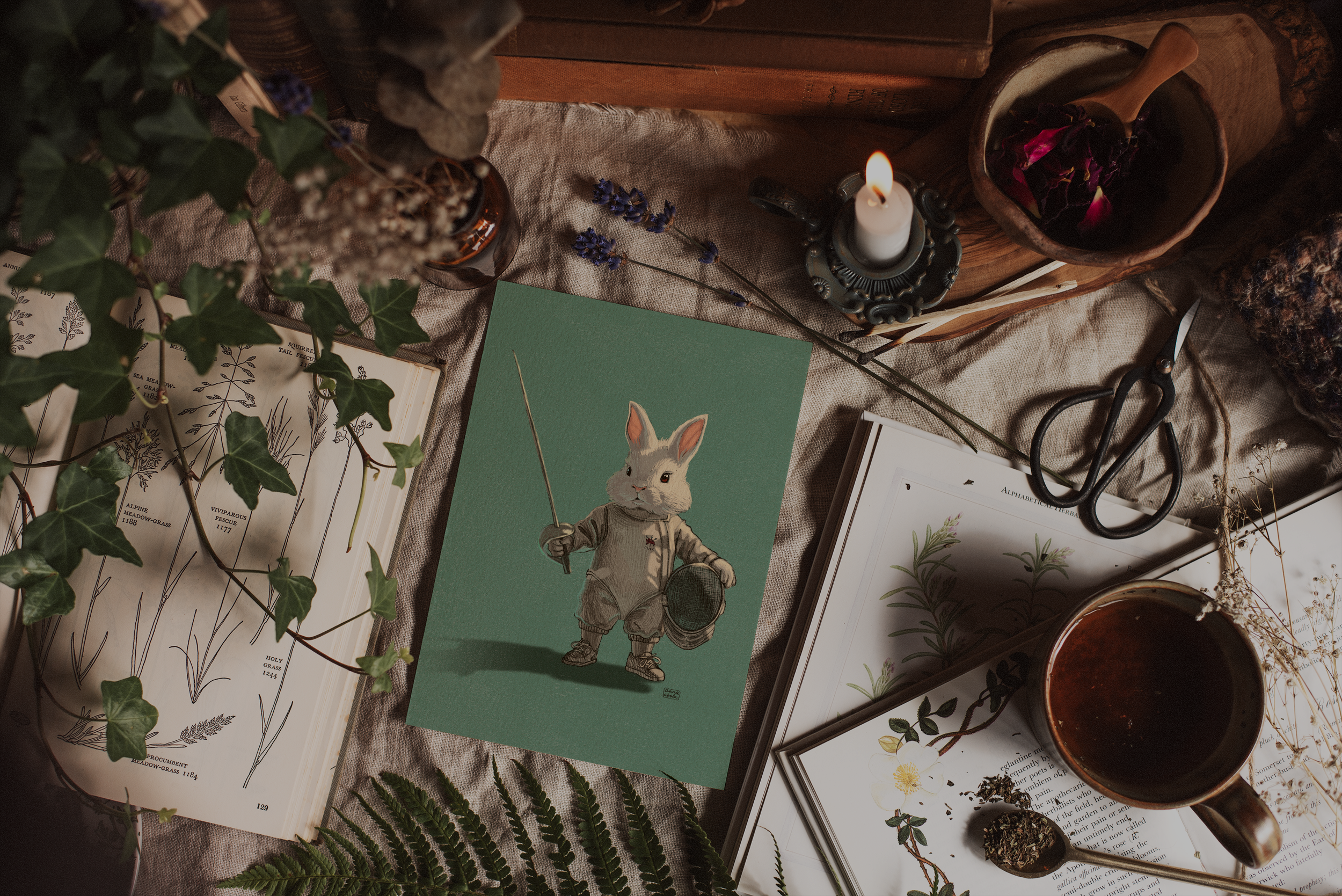 A5 card of a bunny in a fencing outfit on a light teal background