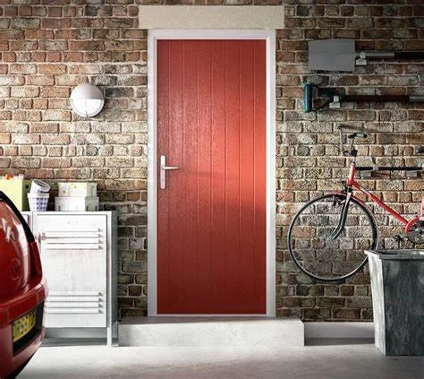 A red door on a brick wall with a white frame, a wall-mounted light fixture, a small white cabinet, a red bicycle, and part of a car in a garage.