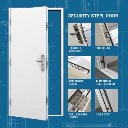 Blueprint-style diagram of a security steel door and its components, including handle and sashlock, side bolts, top shoot bolts, threshold bolt receiver, ball bearing hinges, and dog bolts.