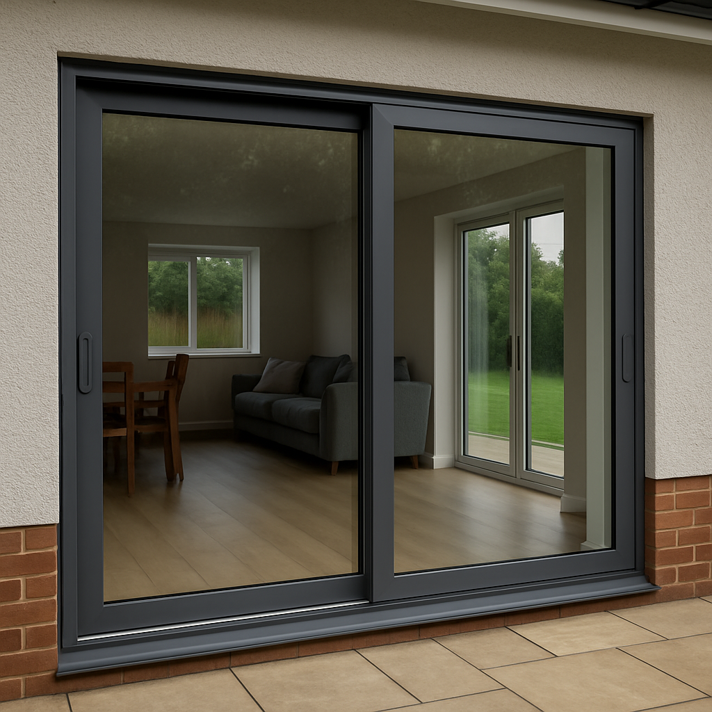 View of a sliding glass door looking into a living room with a sofa, dining table, and windows showing a green outdoor landscape.