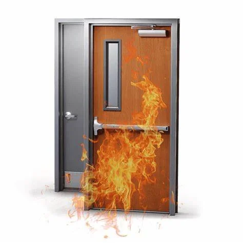 Fire emergency exit door with flames in front and inside the door.