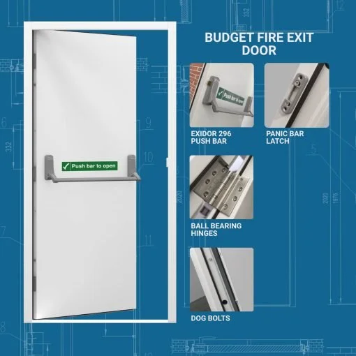 Fire exit door with push bar handle and green sign, labeled as budget fire exit door, showing components like Exidor 296 push bar, panic bar latch, ball bearing hinges, and dog bolts.