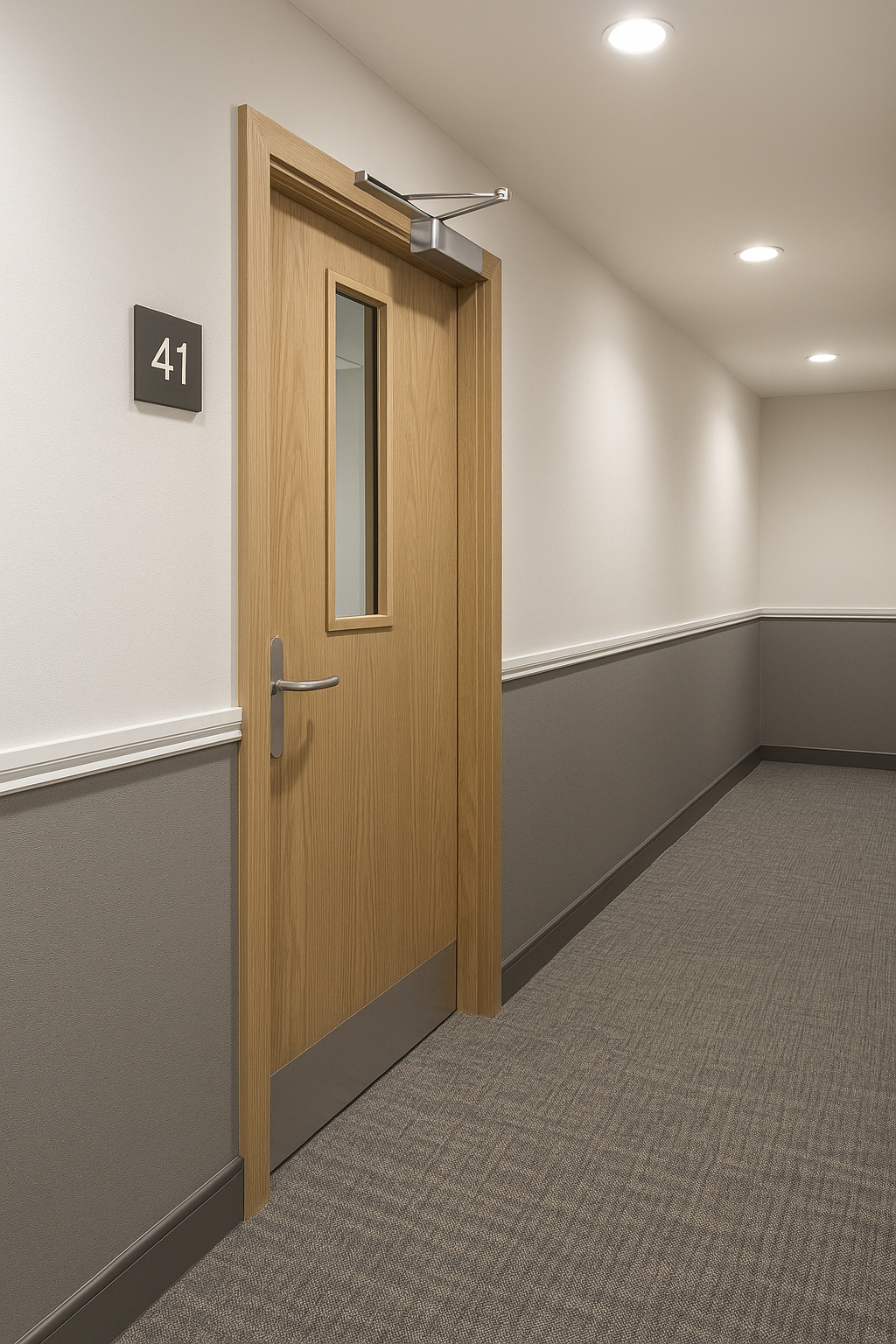 Hospital corridor with a closed wooden door numbered 41, gray and white walls, ceiling lights, and carpeted floor.