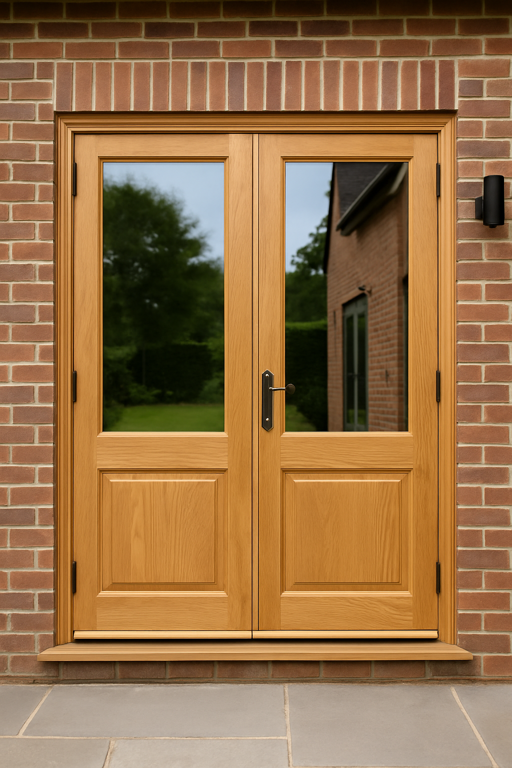 Exterior view of a double wooden framed glass door with a black handle, set in a brick wall with a brick ledge, and a black outdoor light fixture on the right.