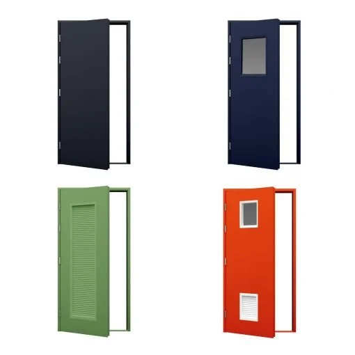 Four colored doors, including black, navy blue with a window, green with slats, and red with two vents.