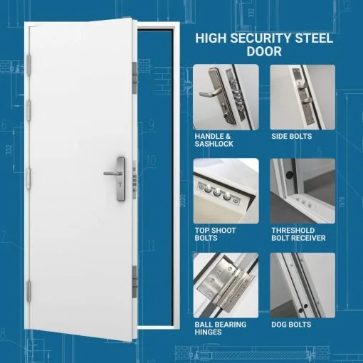 Blueprint-style diagram of a high security steel door showing components: handle and sashlock, side bolts, top shoot bolts, threshold bolt receiver, ball bearing hinges, dog bolts, with an image of the door in a partially open position.
