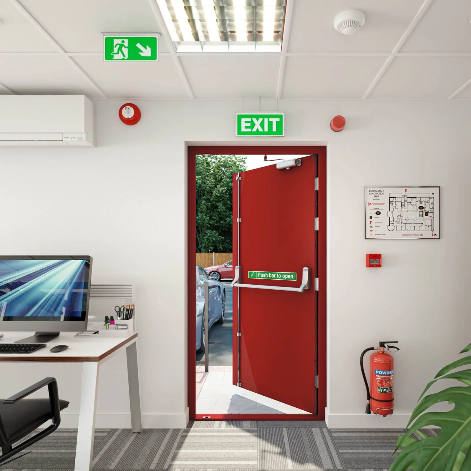 Interior of a building with a red exit door half open, showing parked cars outside, a green 'EXIT' sign above, and various safety signs including a fire alarm, fire extinguisher, emergency map, and an 'Push bar to open' sign on the door.