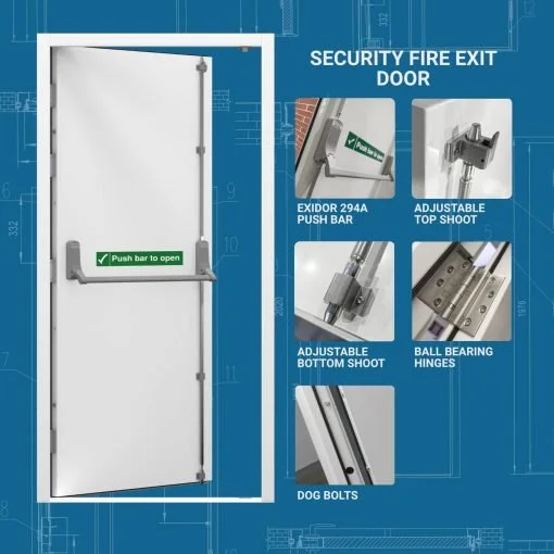 Blueprint-style illustration of a security fire exit door with labeled components including push bar, adjustable top shoot, adjustable bottom shoot, ball bearing hinges, and dog bolts.