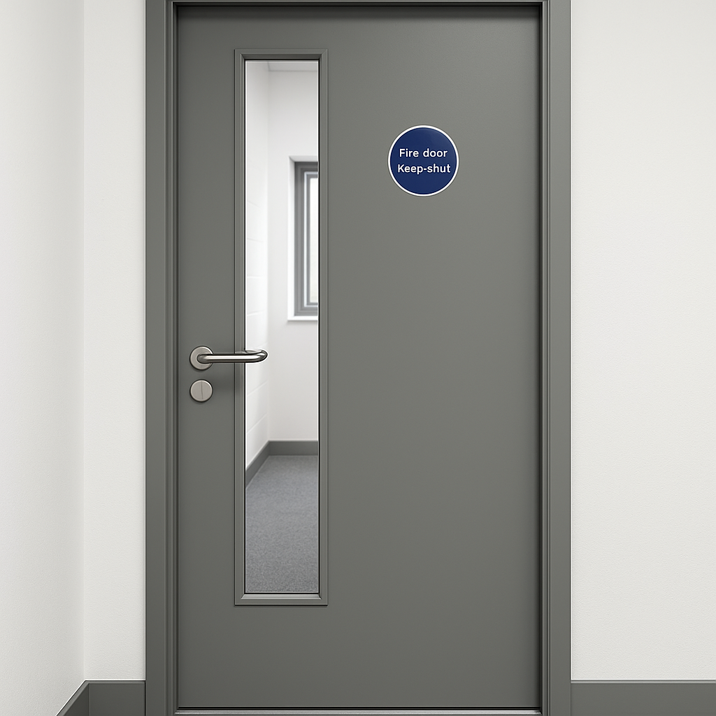 Gray fire door with a window and a sign that says 'Fire door Keep-shut'