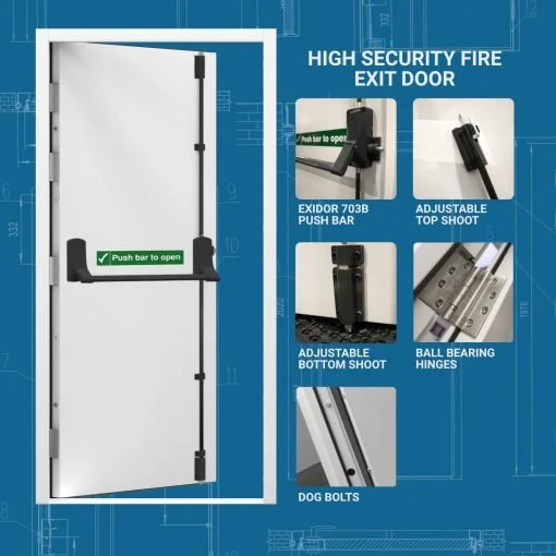 Diagram of a high security fire exit door with various components labeled, including a push bar, adjustable top and bottom shoot, ball bearing hinges, and dog bolts.
