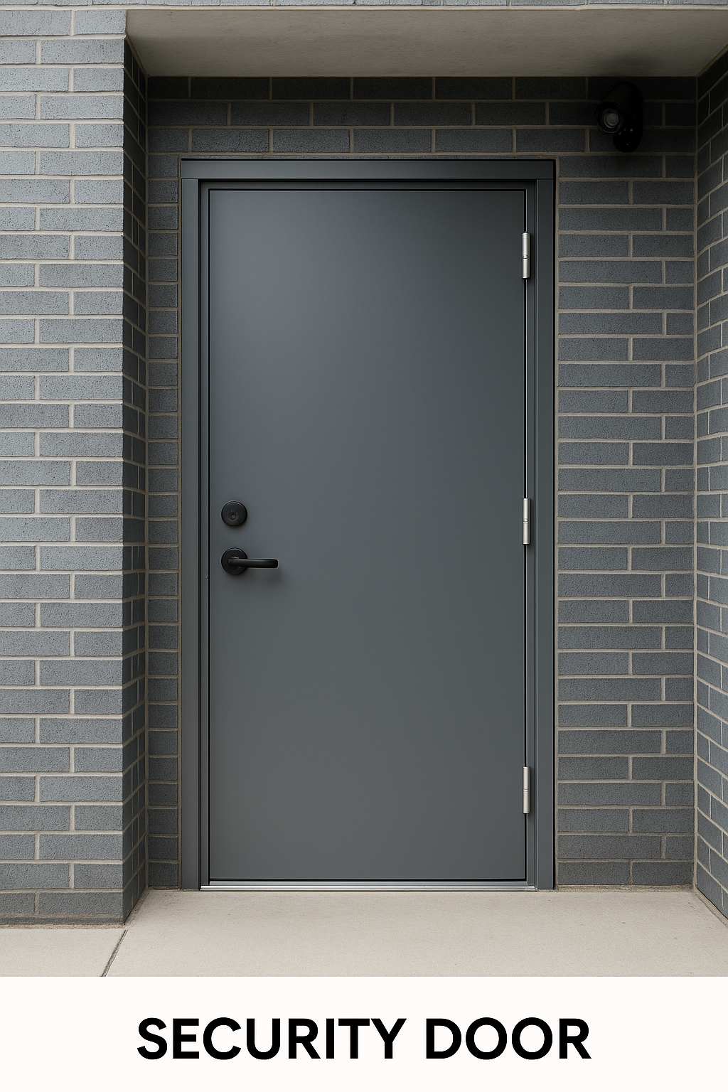 A dark gray security door with black handle and lock, set in a brick wall, under an overhang, with a security camera above.