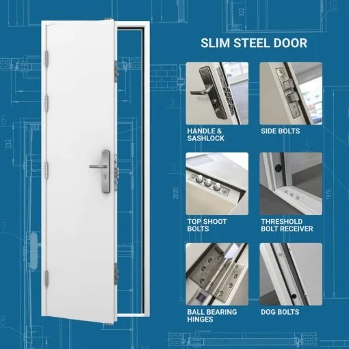 Blueprint of a slim steel door with features labeled, including handle & sashlock, side bolts, top shoot bolts, threshold bolt receiver, ball bearing hinges, and dog bolts.