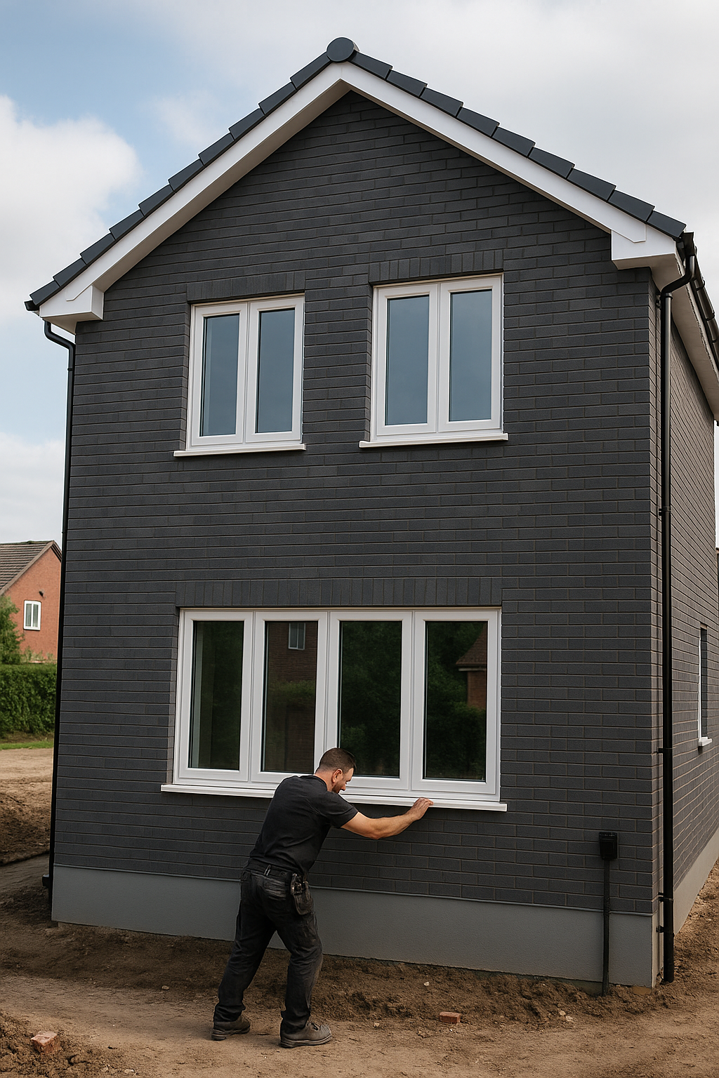 A construction worker installing or inspecting a large window on the exterior of a two-story dark gray house with white trim.
