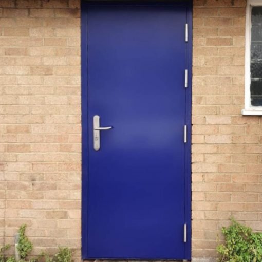 Blue metal door with a silver handle and hinges on a brick wall, with a window partially visible on the right and some plants at the bottom.