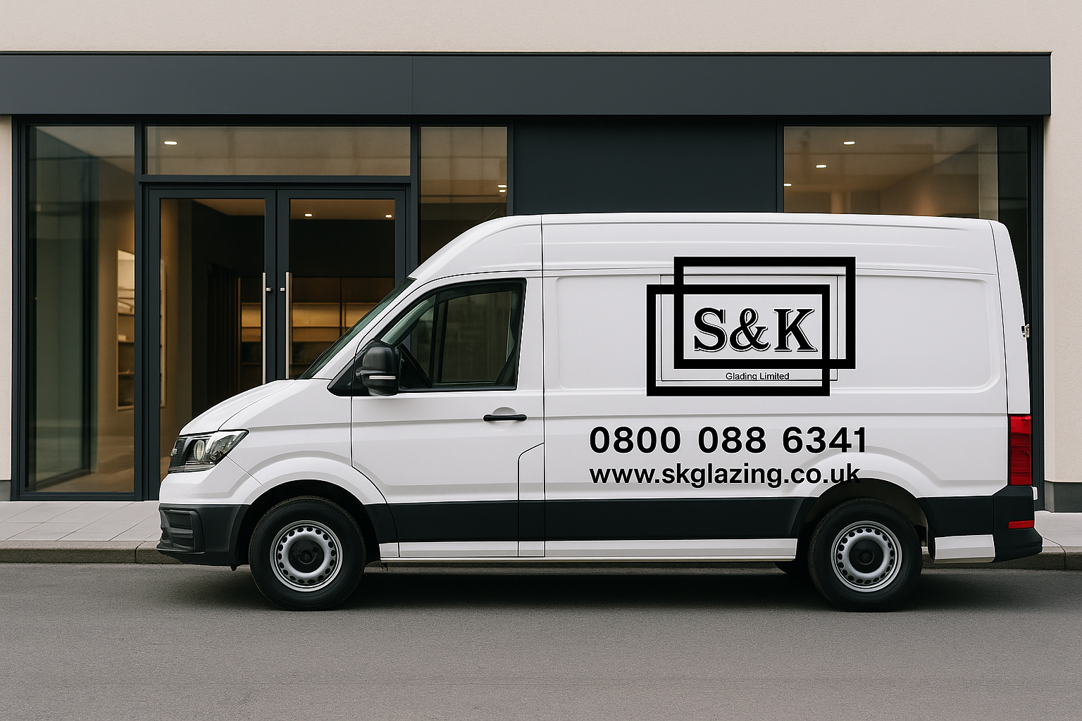 White company delivery van parked in front of a modern building with glass doors and windows, displaying the logo, contact number, and website of S&K Glazing Limited.