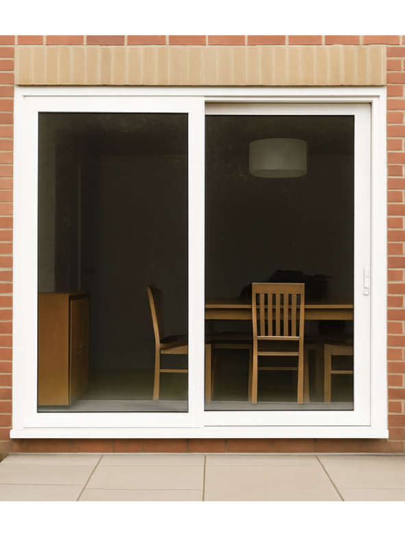 View through a large sliding glass door into a dimly lit dining room with wood furniture and a ceiling-mounted light fixture.