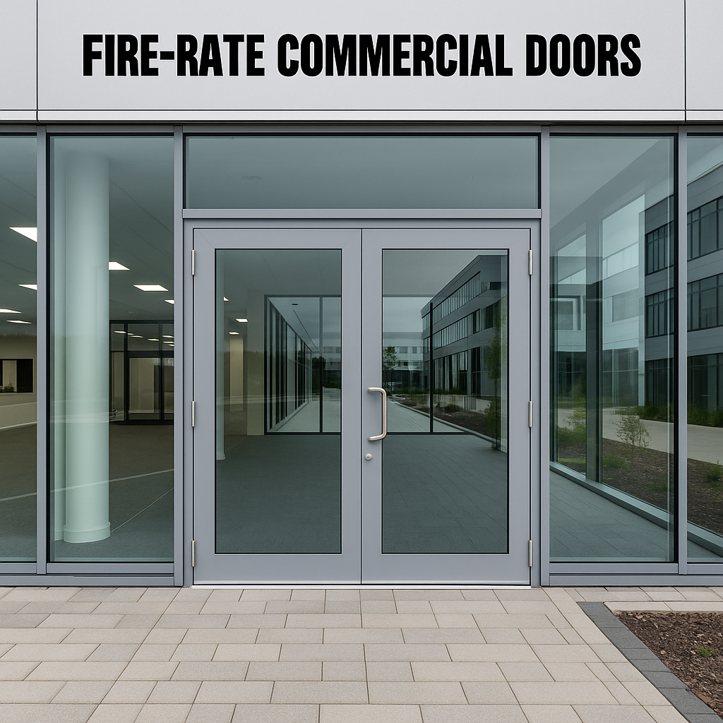Modern building entrance with gray commercial doors and large glass windows, labeled 'Fire-Rate Commercial Doors' at the top.