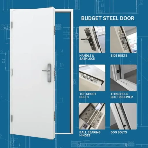 Blueprint style advertisement for a budget steel door, showing various components including handle and sashlock, side bolts, top shoot bolts, threshold bolt receiver, ball bearing hinges, and dog bolts.