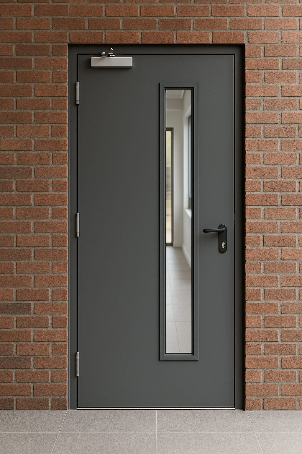Black exterior door with vertical glass window in brick wall, door handle, and an automatic door closer.