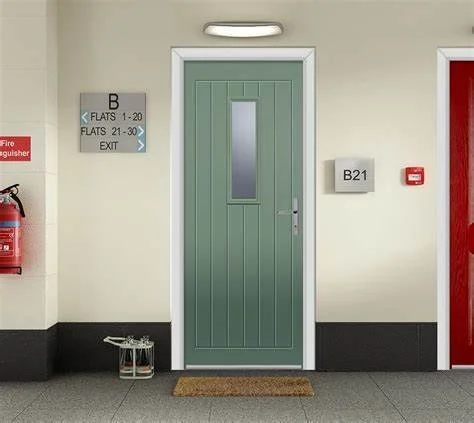 Green door with a small window in the middle, next to a B21 sign on a beige wall, with a fire extinguisher on the left and a red door on the right.