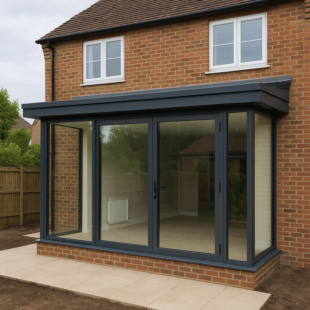 A brick house with a black-framed glass sunroom extension and two small upper windows, with a wooden fence and trees in the background.