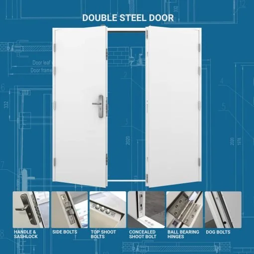 Blueprint background with a pair of white double steel doors in the center, labeled 'Double Steel Door'. Additional images below show close-ups of door hardware including handle with sash lock, side bolts, top shoot bolts, concealed shoot bolt, ball 