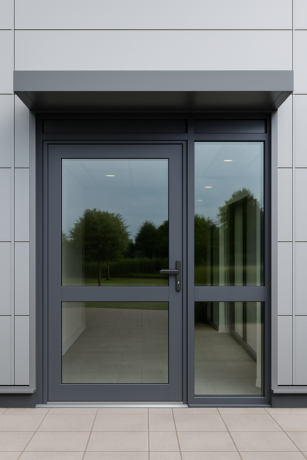 Modern glass door with metal frame, leading inside a building, with a reflection of trees outside, and tiled flooring in front.