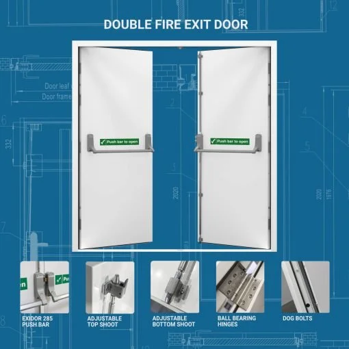 Diagram of a double fire exit door with push-to-open bars, showing details of components including exidor 285 push bar, adjustable top and bottom shoot, ball bearing hinges, and dog bolts.