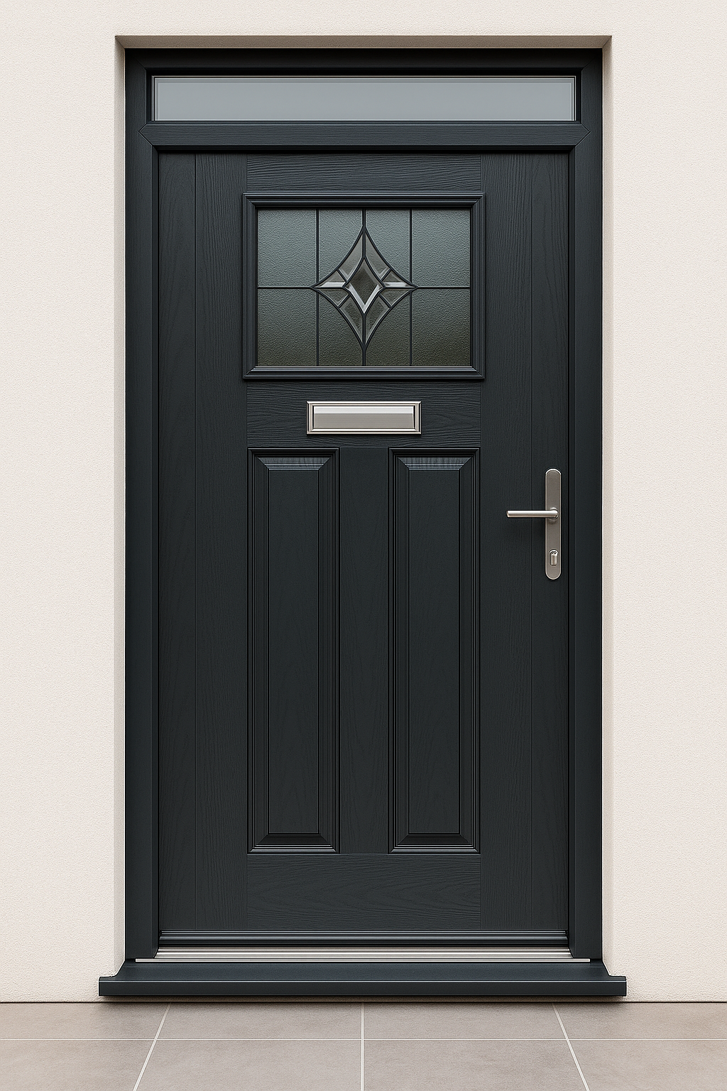 A black front door with a stained glass window, mailbox, and silver handle, set in a beige wall.