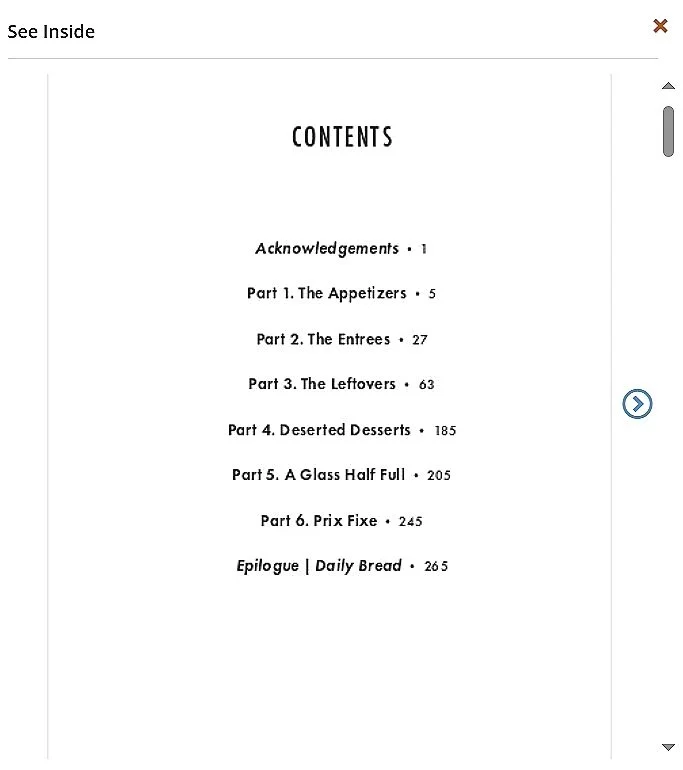 Table of contents page from 'Serving the Leftovers' book listing sections from acknowledgements to an epilogue called Daily Bread.