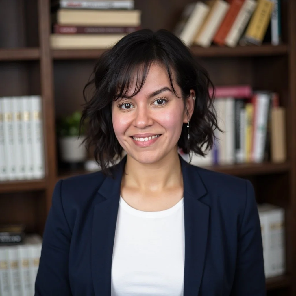 A woman with short wavy dark hair and earrings, wearing a navy blazer and white top, smiling in front of a wooden bookshelf with books and a potted plant.