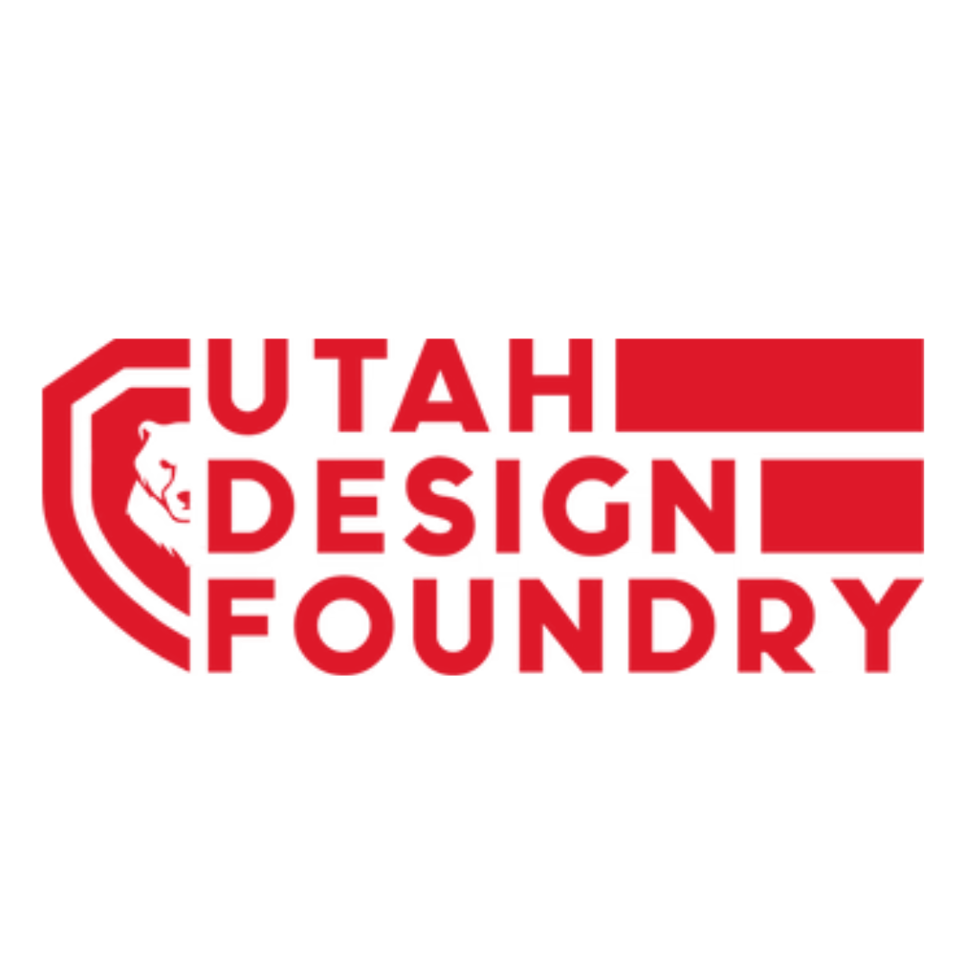 Logo of Utah Design Foundry written in black and red text with a stylized red circle on the left side.