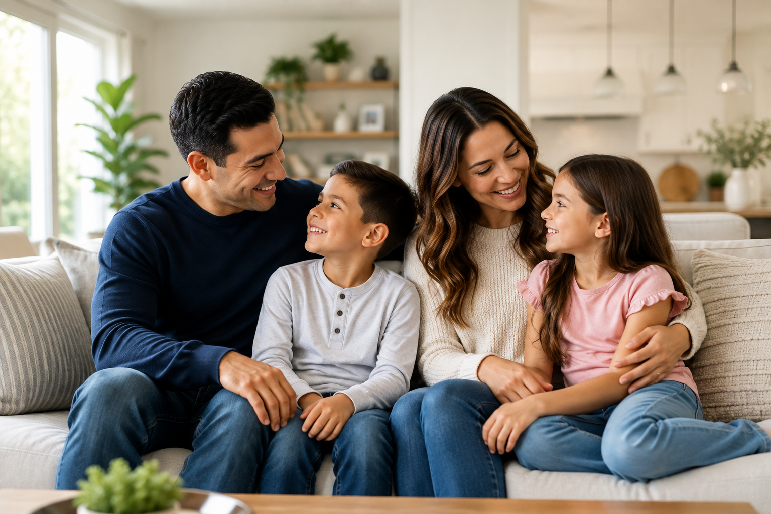 Happy family sitting together on a beige couch in a bright living room, looking at each other and smiling.