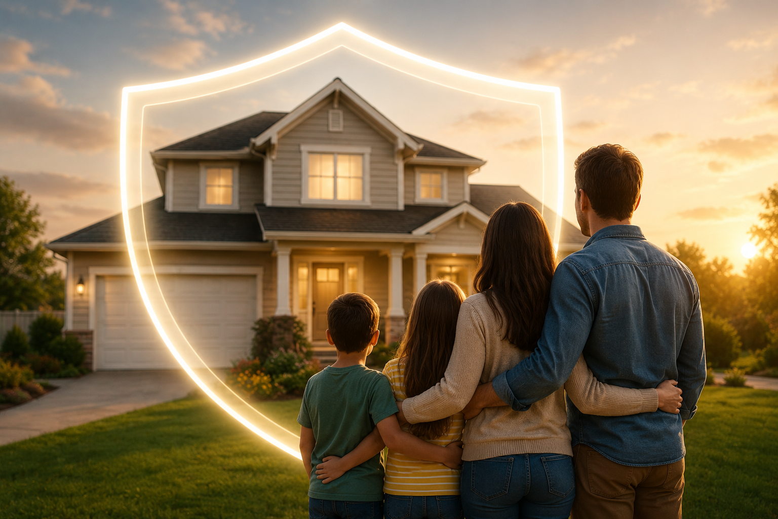 A family of four stands on their front lawn at sunset, gazing at their house with a glowing shield outline around it, symbolizing home security.