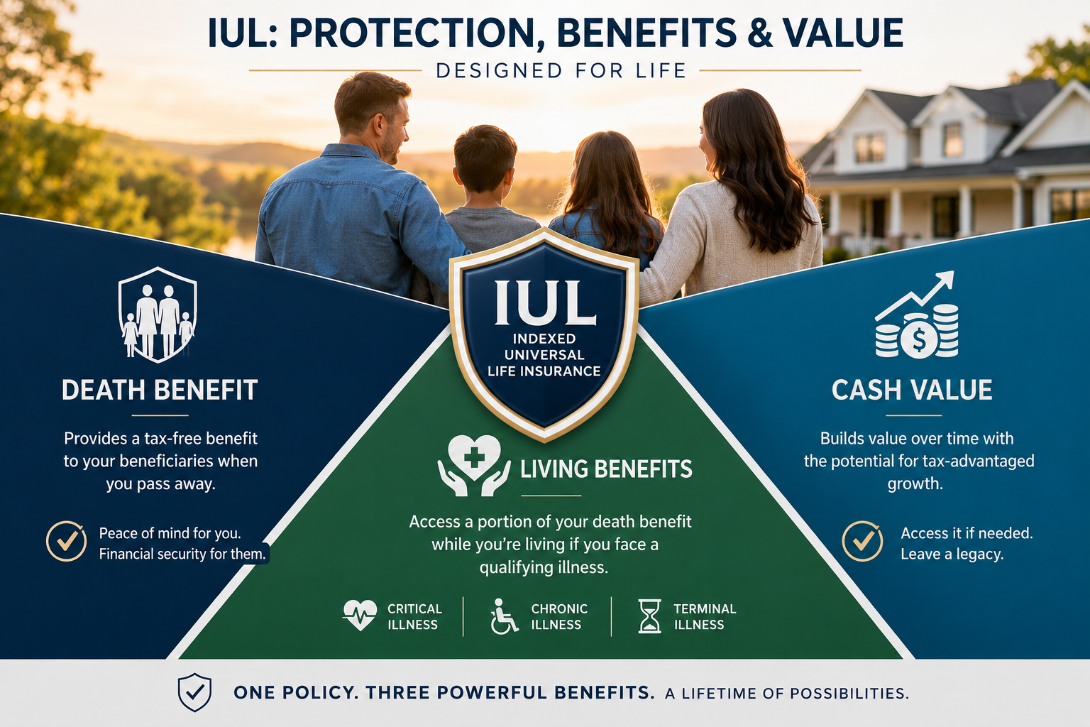 Infographic about IUL insurance benefits with a family outdoors at sunset, including sections on death benefit, living benefits, and cash value, with icons and text explaining each benefit.