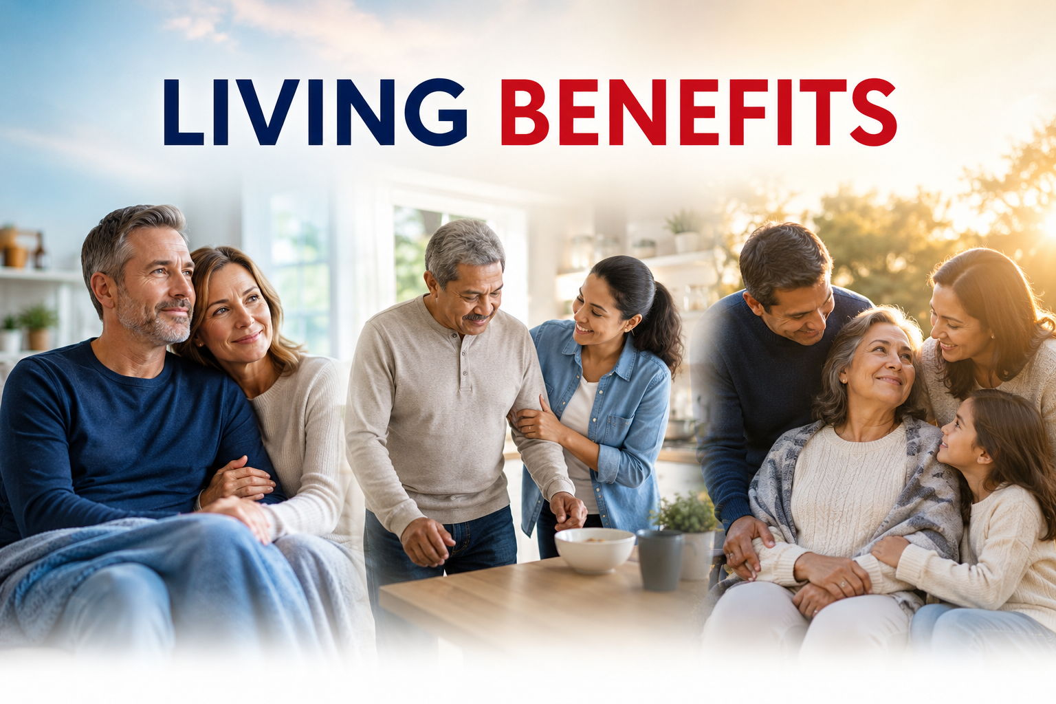 A collage of two photos showing families together with the text 'Living Benefits' at the top, in a well-lit room with large windows and sunlight streaming in.