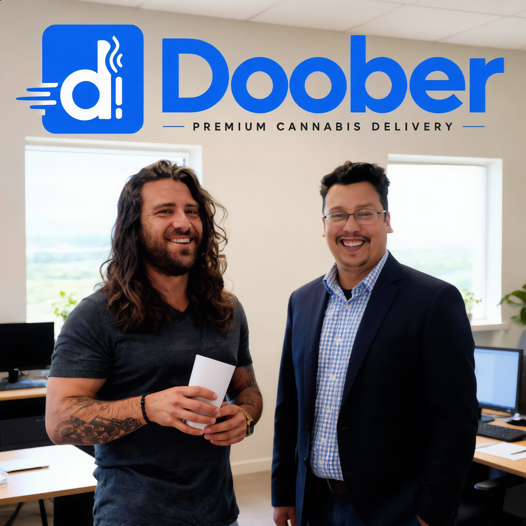 Doober founders smiling in their Sacramento cannabis delivery office beneath the company logo.