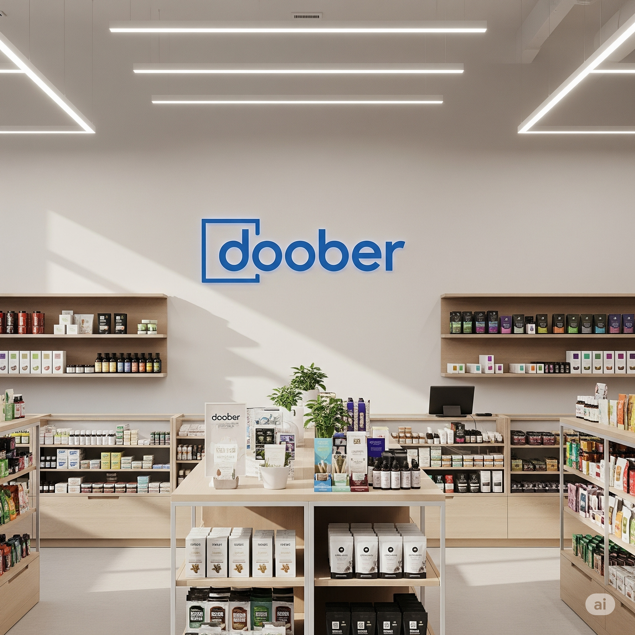 Interior of a retail store with shelves of health and wellness products, a counter with a computer, and a large blue 'doober' logo on the white wall behind.