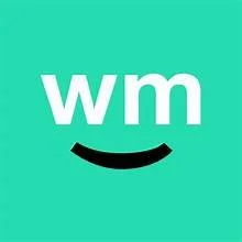 A teal background with white lowercase letters 'wm' and a curved black line underneath resembling a smiley face.